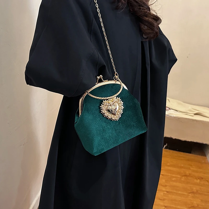 Women Bags Sale - Chains Velvet Frame Heart Dinner Hand